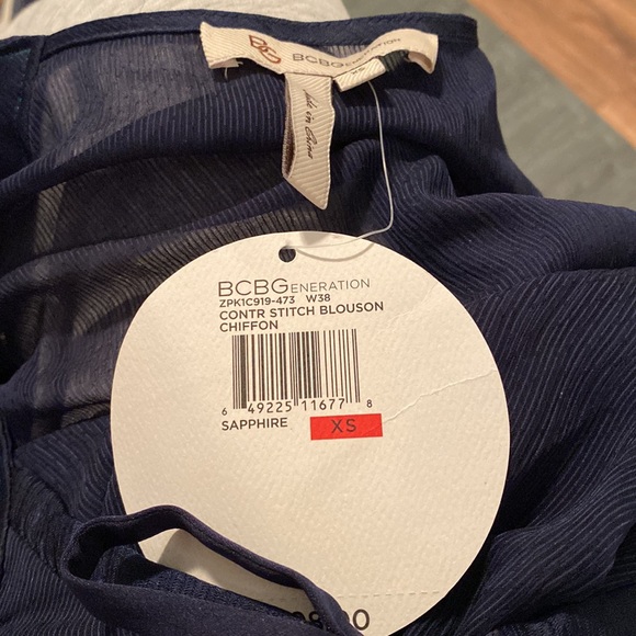 BCBG Contrast Stitch Blouson Sheer Boho Peasant Top, SizeXS Navy Blue/Green - Picture 3 of 6